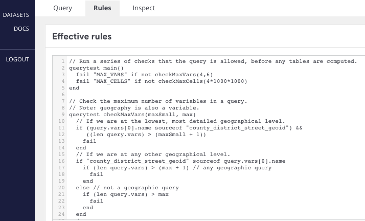 Figure 2: Editing the rules in Cantabular admin.