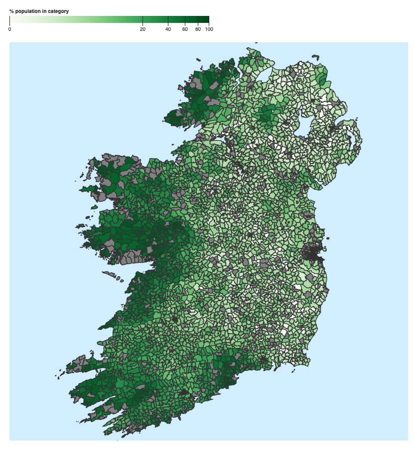 Picture: Percentage population speaking Irish and English in 1911 at district electoral division administrative level. Source: 1911 census data processed by Cantabular.