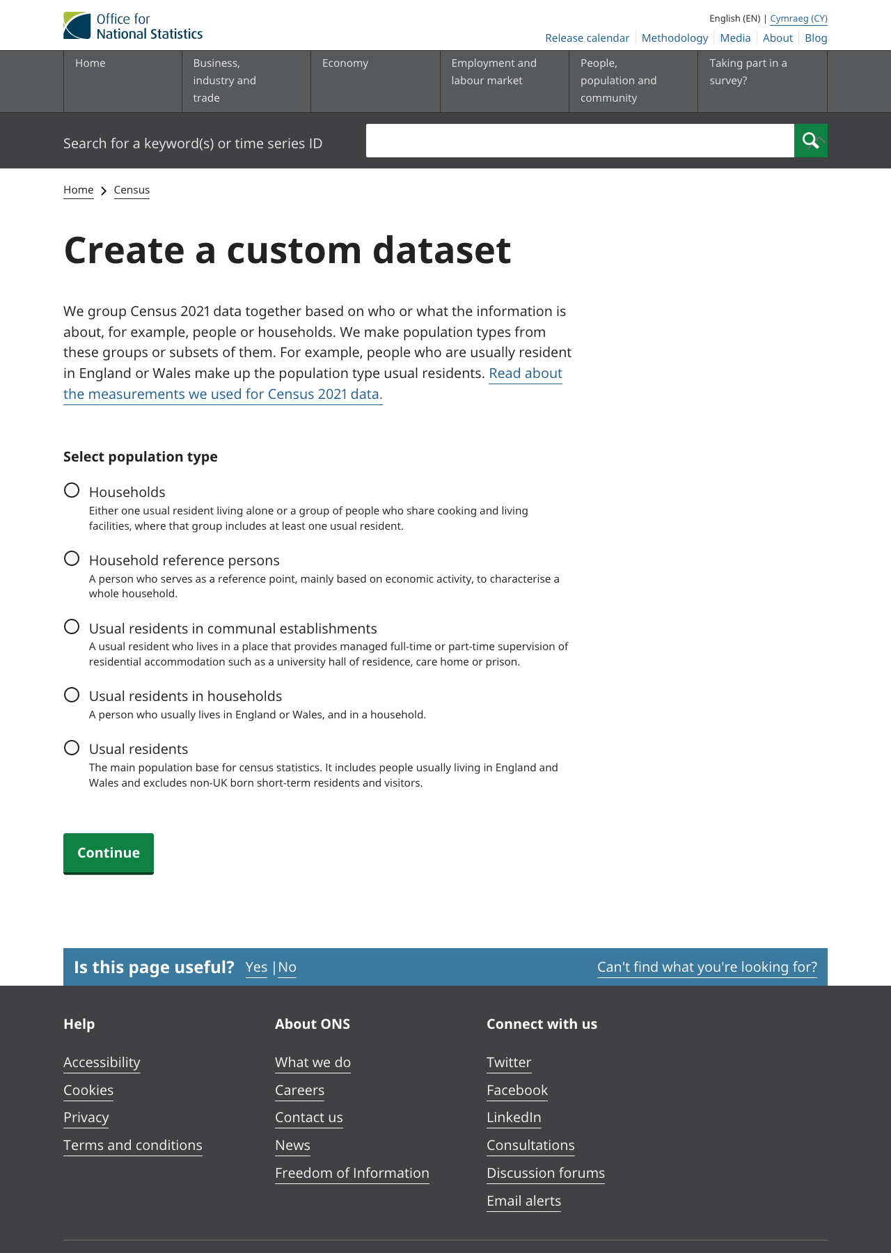 Screenshot: ONS&rsquo;s new &ldquo;Create a custom dataset&rdquo; product