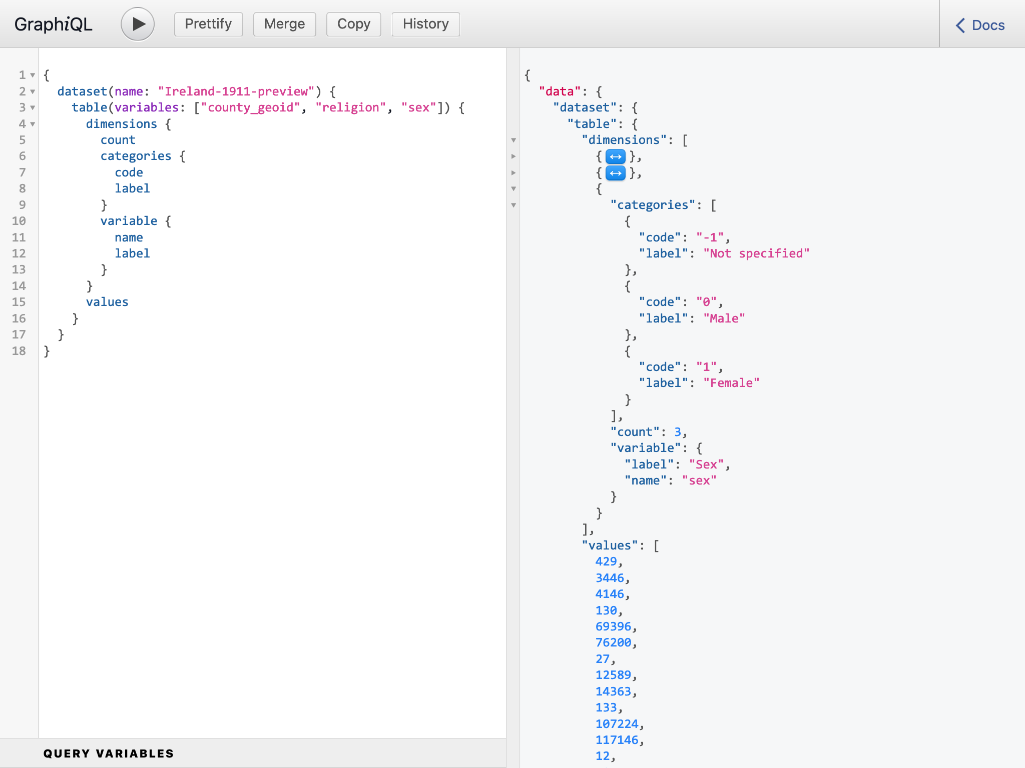 Screenshot: Using GraphiQL to query Cantabular&rsquo;s API