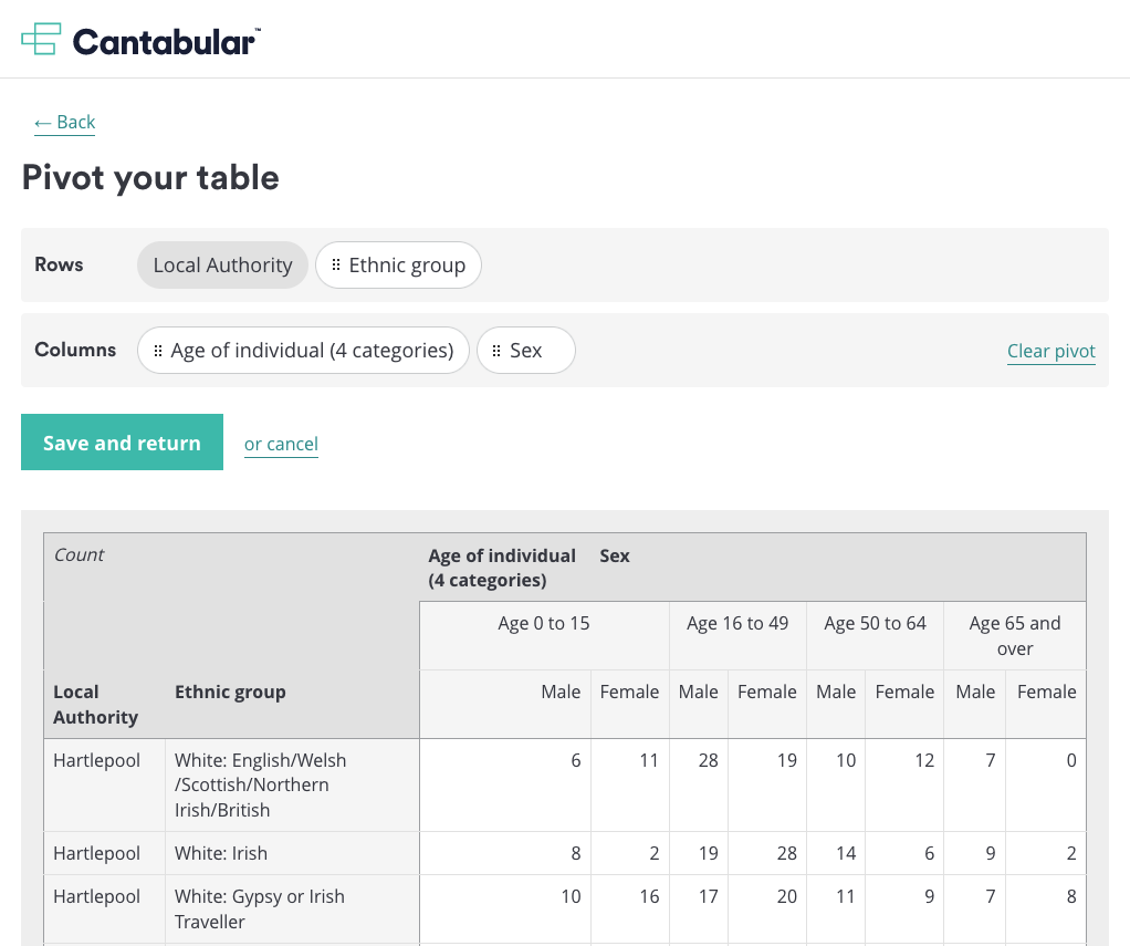 Picture: Pivoting an output table in Cantabular&rsquo;s user interface (using random, not real, data).